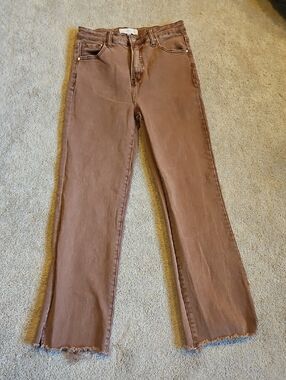 Risen Women's Brown Wide-Leg Jeans with Raw Hem